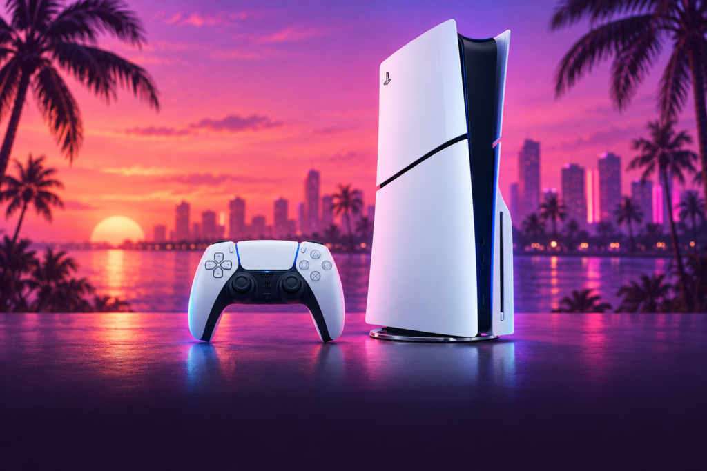 PlayStation 5 Slim и DualSense в неоновом освещении